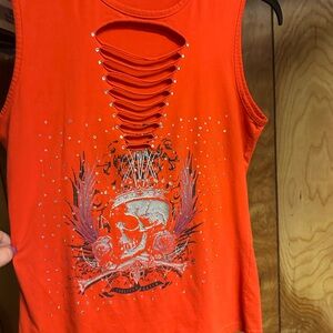 Orange Embellished Cut Out Tank Top